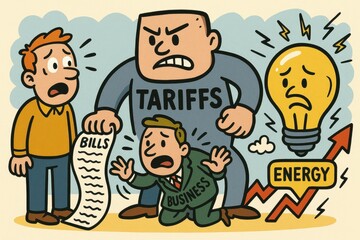 Impact of Tariffs on Family Budget and Business Growth in Cartoon Style