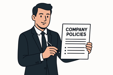 Professional Businessman Presenting Company Policies Document, Corporate Governance Illustration, Business Regulations Concept, Office Management Vector, Organizational Rules Graphic