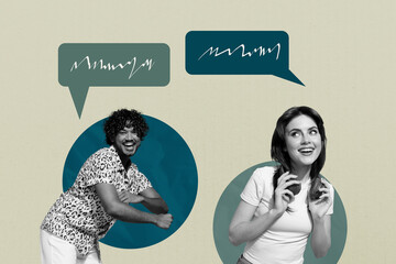 Collage of people dancing having speaking mind cloud over green color background
