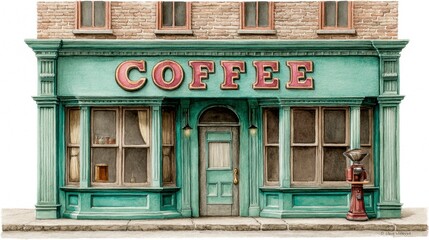 Fototapeta premium Quaint teal coffee shop storefront with vintage signage, aged brick building, and a small water pump outside.
