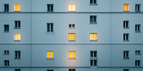 Naklejka premium Frontal view of the building's night facade with many illuminated windows. Background of a residential building facade.