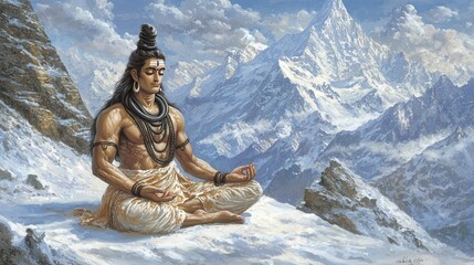 A divine depiction of Lord Shiva meditating in the Himalayas, symbolizing peace and spirituality