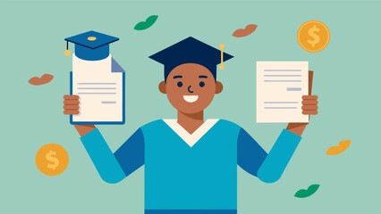 A student proudly holds up his financial aid award letter debunking the idea that only the wealthy can afford a private university.. Vector illustration