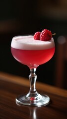 Elegant pink berry cocktail with foam, raspberry & mint garnish in stemmed glass. Perfect for bar menus, parties, or celebrations.
