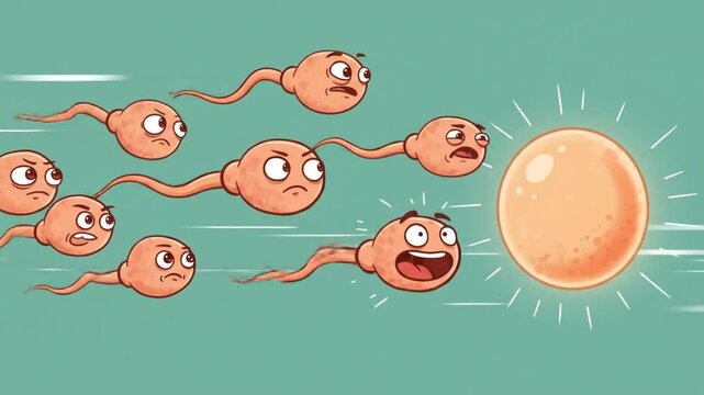 Microscopic view of sperm cells swimming towards an egg, suitable for medical, reproductive biology, fertility, and scientific concept designs.