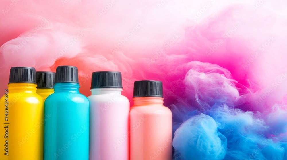 Poster Dynamic drops of colored ink create swirling patterns in clear water on a white background, showcasing trails of pink, blue, and yellow with gentle gradients