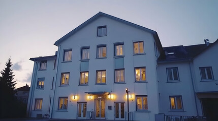 Fototapeta premium Modern white building at dusk, city background, illuminated windows, architectural design, real estate