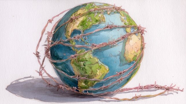 Watercolor painting of a globe encircled by barbed wire, suggesting global issues and restrictions.