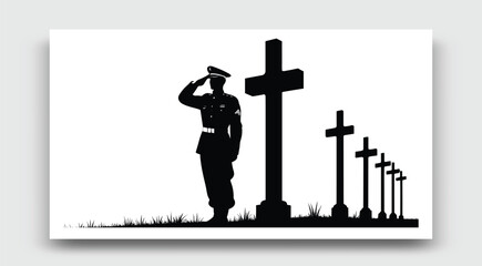 Soldier Saluting At Military Cemetery A Black And White Vector Silhouette