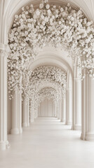 Fototapeta premium A stunning white hallway decorated with cascading floral arches, creating an enchanting atmosphere.