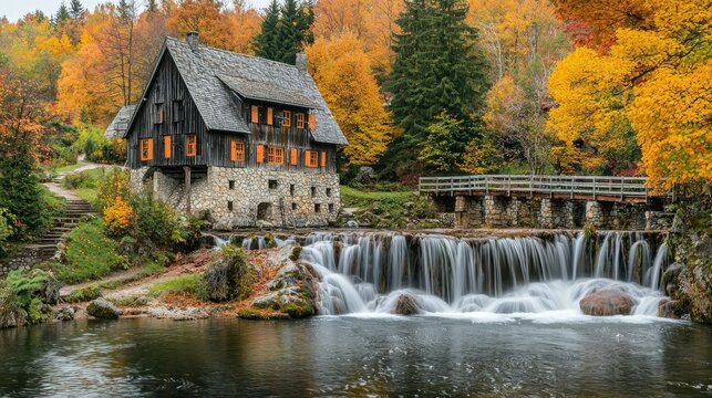 A fairytale-like image of Rastoke village, its historic watermills and stone bridges blending harmoniously with the stunning natural landscape.