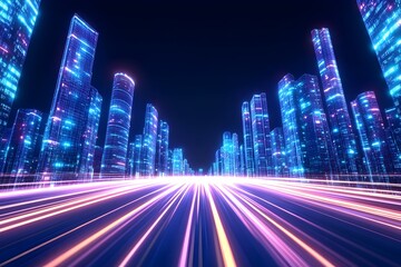 Fototapeta premium Futuristic cityscape at night, glowing skyscrapers flanking a vibrant highway with light trails