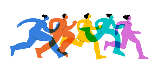 Abstract runners figures. Colorful illustration of group of people, men and women, running marathon together