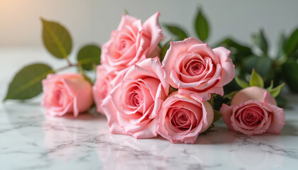 Fototapeta premium Pink roses bouquet on marble surface 