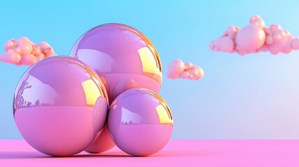 Glossy Pink Spheres and Pastel Clouds A Dreamy 3D Render