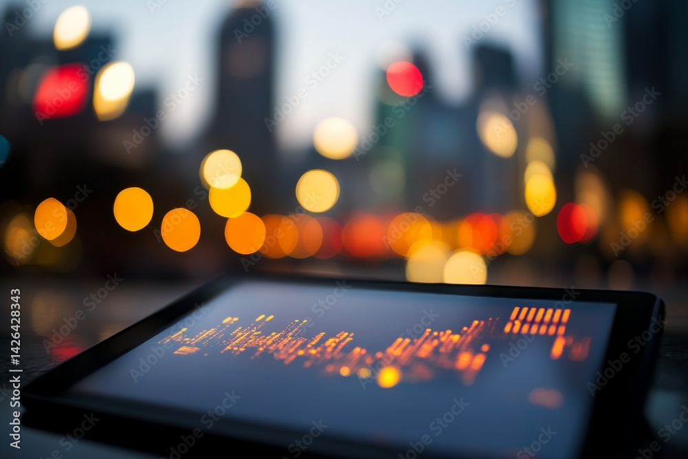 Poster close-up view of a futuristic city reflecting in a glass tablet screen. digital interface elements o