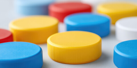 Texture lots of plastic pet caps in different colors. Lids of goodness, plastic recycling
