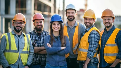 A motley group of construction workers standing together, smiling, wearing bright orange vests