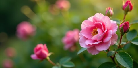 Delicate pink Rosa damascena flowers on a bush in Bulgaria's Valley of Roses, pink roses, damascena