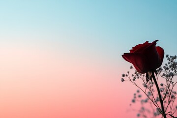 A detailed view captures a vibrant red rose elegantly adorned with babys breath, set against a soft pastel gradient providing an ideal backdrop for design