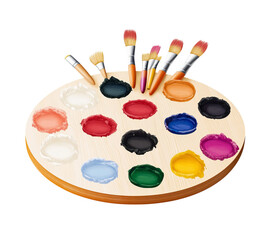 Naklejka premium A wooden art palette with paintbrushes and colorful paints, isolated on Png Format and Transparent Background