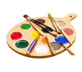 A wooden art palette with paintbrushes and colorful paints, isolated on Png Format and Transparent Background