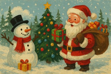 Festive Christmas Scene with Santa, Snowman, and Christmas Tree