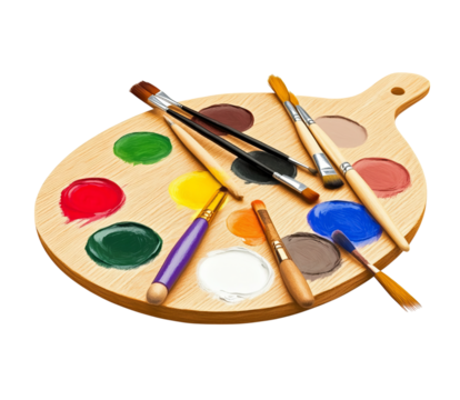 A wooden art palette with paintbrushes and colorful paints, isolated on Png Format and Transparent Background