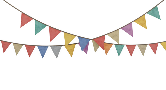 Two rows of colorful triangular party flags hanging overhead png, jpeg, jpg, transparent background, white background. isolated on transparent background