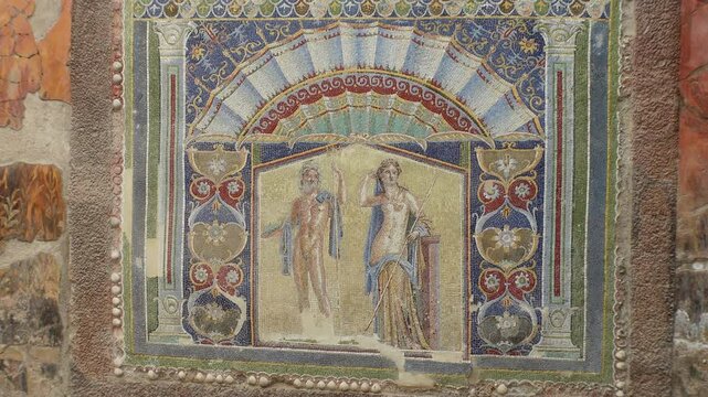 Famous fresco inside the Herculaneum archaeological site, ancient artwork and heritage in Italy
