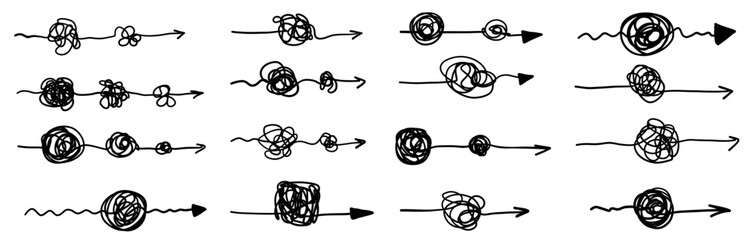 Chaos simple line arrow messy hand drawn doodle set. Minimalistic difficulty solution business idea sketch collection. © Alina Nikitaeva