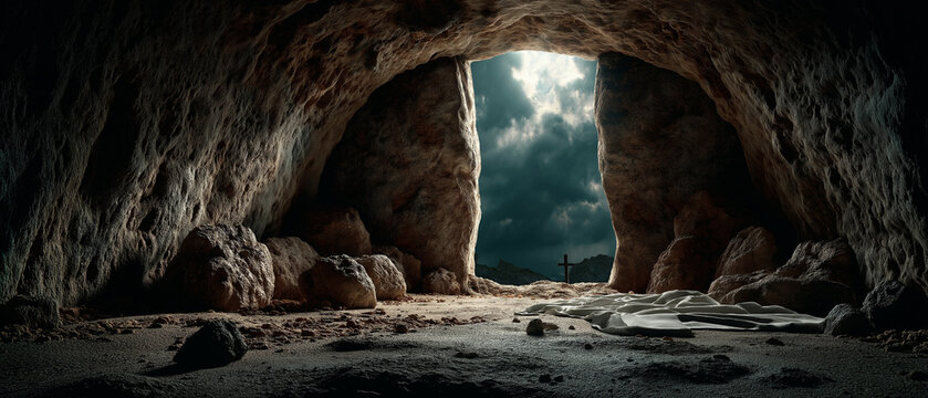 Empty tomb with cross in background and dramatic sunrise lighting