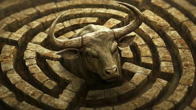 Decorative head of a Minotaur on the background of a carved stone maze, symbol of the labyrinth of the minotaur