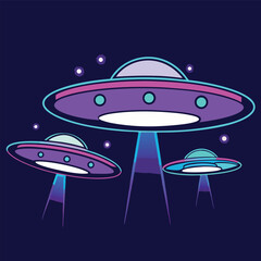 Three Neon UFOs Flying in Dark Space Illustration