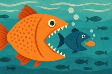 Fototapeta premium Big Fish Devours Little Fish in Underwater Illustration Scene