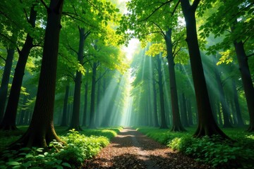 Obraz premium Dense forest canopy with trees at various stages of growth , trees, foliage