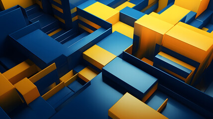 3d rendering of yellow and blue abstract geometric background. Scene for advertising, technology, showcase, banner, game, sport, cosmetic, business, metaverse. Sci-Fi Illustration. Product display