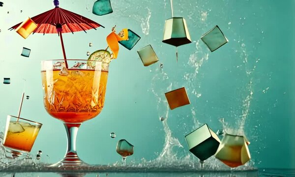 Refreshing cocktail with splash and paper umbrella.