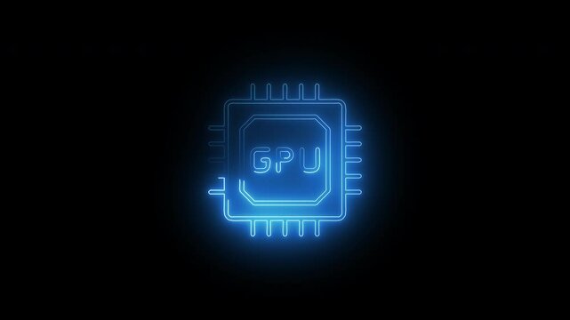 Glowing neon GPU chip icon loop animation, glowing neon GPU chip logo animation video on black background, with alpha.