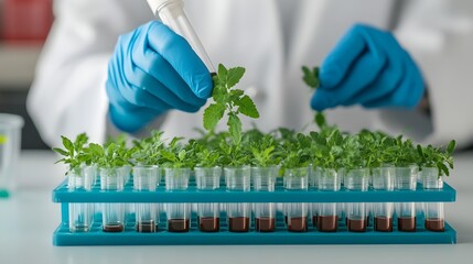 Hands Transferring Plant Specimens into Test Tubes for Biotechnology Research and Genetic Modification Experiments