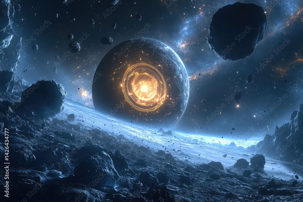 Poster A celestial body with a glowing core is surrounded by asteroids and cosmic dust in a deep space nebula.
