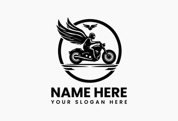 Obraz premium Minimalist black motorcycle sport rider logo vector, bold silhouette emblem with strong vintage speed concept