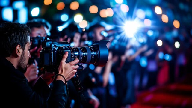 Paparazzi with professional cameras captures moment as bright flashes light up glamorous red carpet event. Intensity focus of paparazzi and sea of flashing lights, atmosphere of celebrity media frenzy