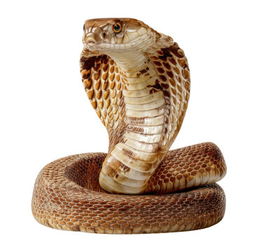 Indian Cobra Snake Naja Naja with Expanded Hood in Defensive Striking Position Close Up Macro Photography Isolated on Transparent and White Background