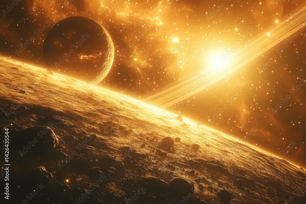 Poster a golden planet with a ringed sun and another planet in the background, cosmic scene.