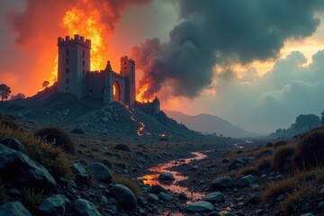 Fototapeta premium Devastated landscape with burning castle remains, symbolic of destruction and loss, Ashes, Embers