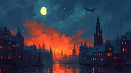 Night scene of a snow covered European city with a fiery sunset reflected in the water, bats flying under a full moon.