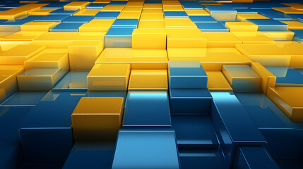 Fototapeta premium 3d rendering of yellow and blue abstract geometric background. Scene for advertising, technology, showcase, banner, game, sport, cosmetic, business, metaverse. Sci-Fi Illustration. Product display