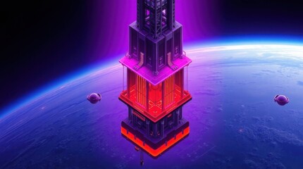 Futuristic space station above Earth with flying drones in neon color scheme