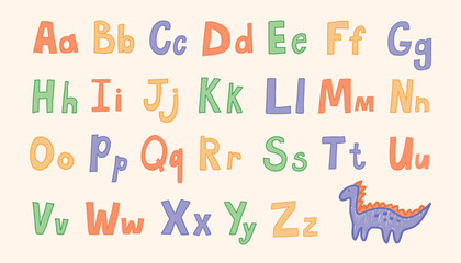 Colorful Hand Drawn Latin Alphabet with Uppercase and Lowercase Letters in Crayon Style. Playful Kids Font with Dinosaur Character. Funny Childlike Sketchbook Typography. Vector Illustration Design.